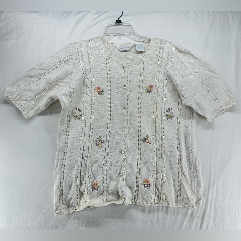 Elisabeth Williams L Sweater Floral‎ Ribbon Cottagecore Vintage Short Sleeve